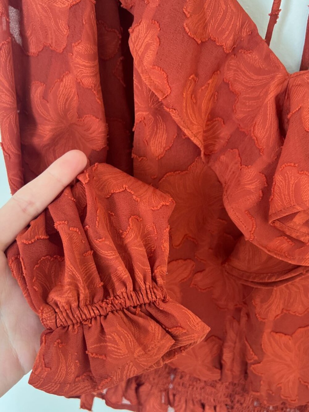 By Anthropologie Rust Ruffle V-Neck Textured Floral Blouse - Picture 3 of 6